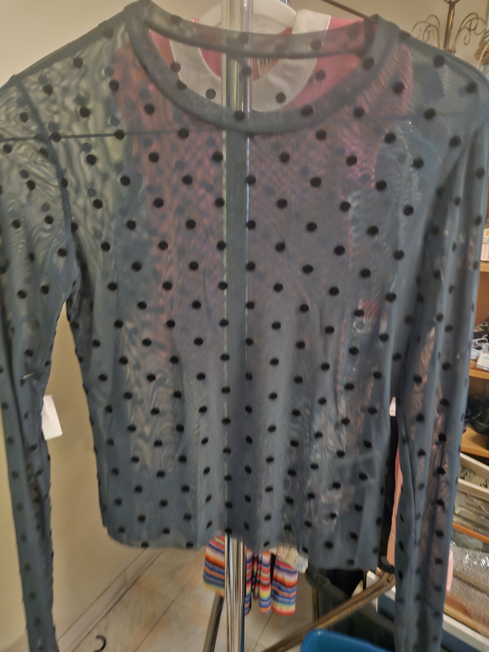 Sheer Hunter Green Black Polkadot Long Sleeve Top